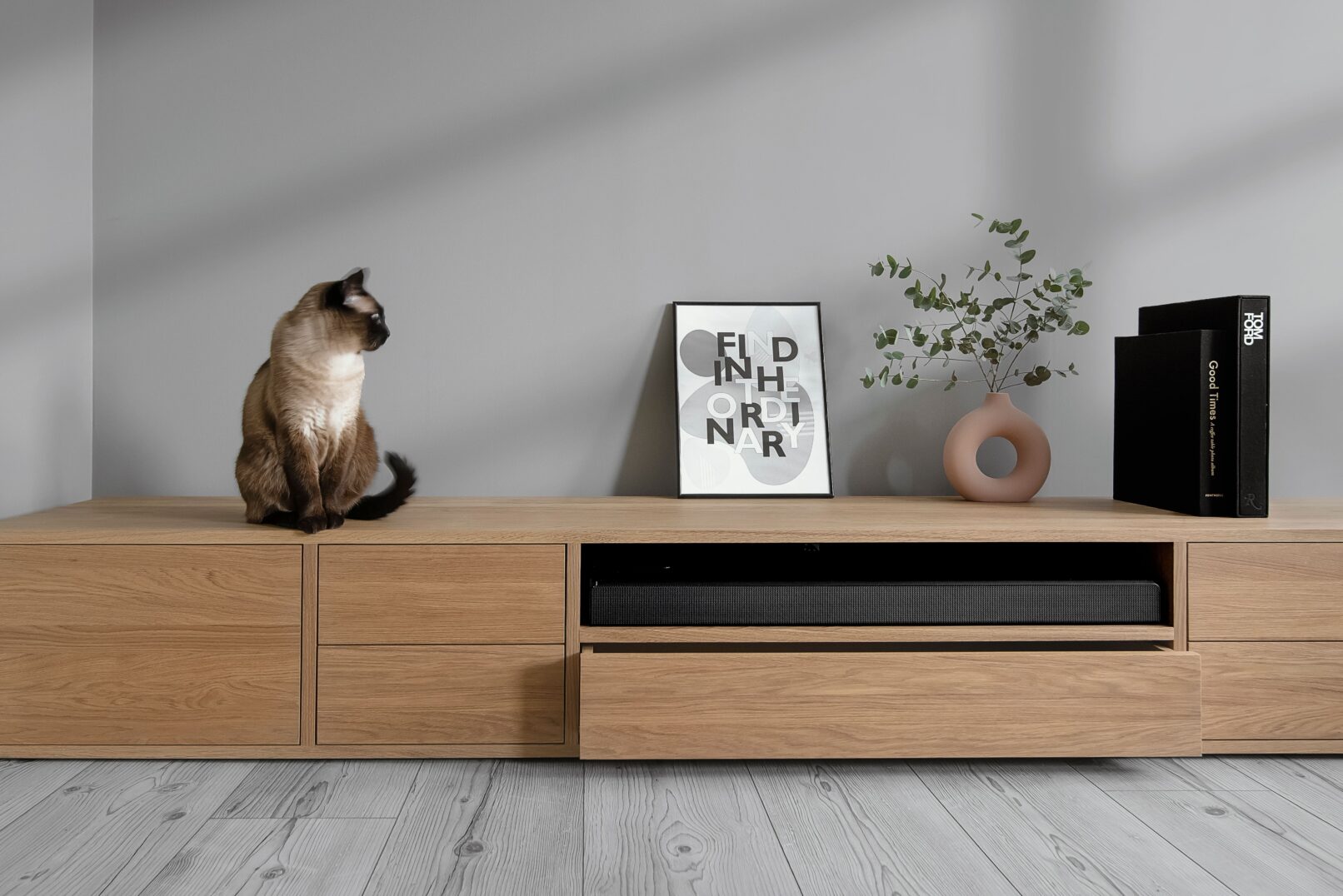 komoda, katinas, vaza, knygos